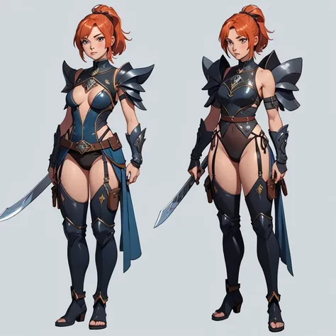 a female RPG warrior character with beautifully ornate metal shoulder pads and breastplate, leather bodice and panties and exposed thighs and a longsword anime style art full body front and back