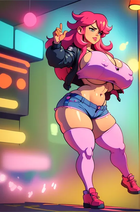 1960s, Living inflatable, poison, luxurious long and thick pink hair, (wearing a stars and stripes bandana), (wearing long jean jacket with anime t-shirt with logo), (plaid miniskirt), platform sneakers, knee high socks, floating, (((hyper breasts))), (((m...