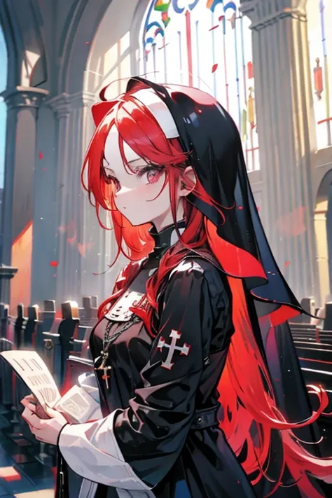 a red haired woman with red eyes  is a nun in the church