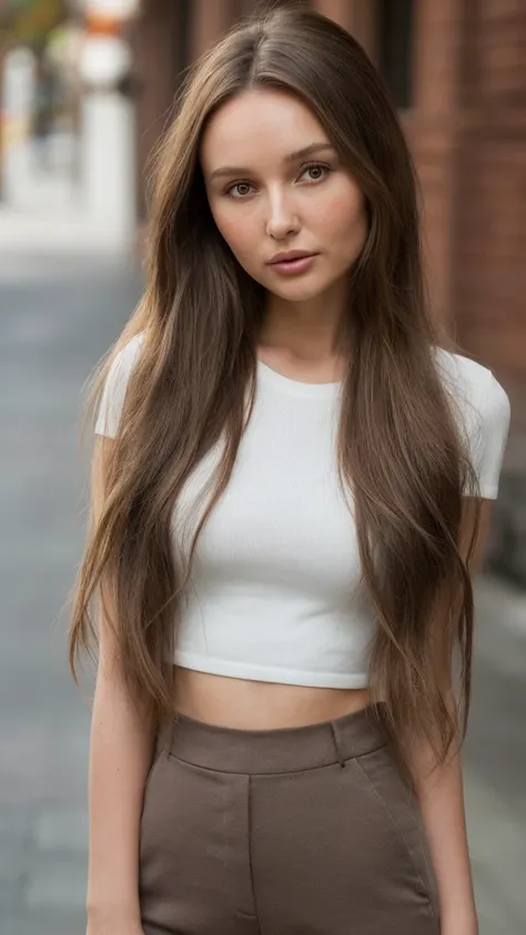 a close up of a woman with long hair and a brown shirt and white capris, sophie mudd-camilla luddington-aleksandra waliszewska merged, entire body visible, full body, hyperrealistic, best quality, 8K, real human skin, masterpiece, extremely intricate, medi...