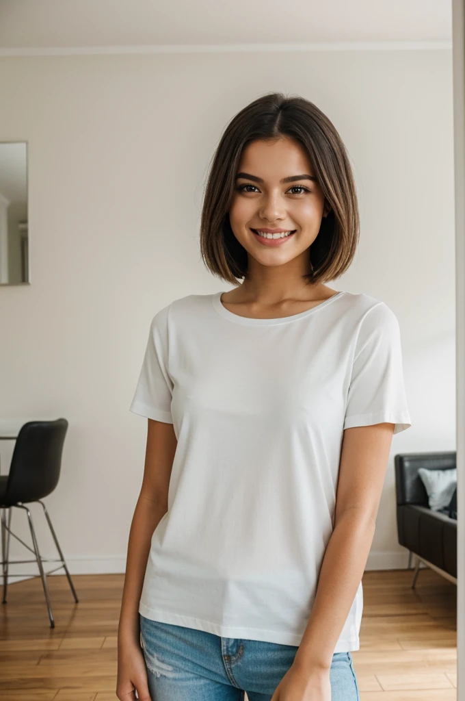 1 girl, wearing white plain t-shirt, model, inside a house, classic salon background interior, soft colors, looking like shes advertising clothing, smiling slightly
