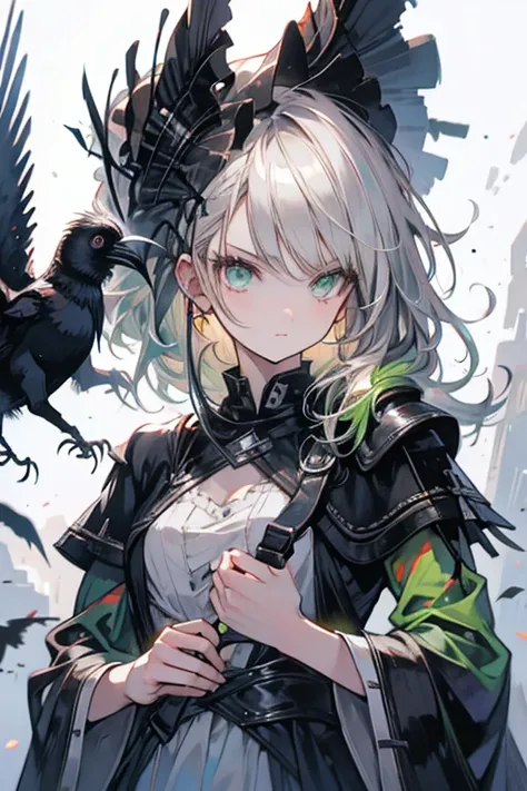 a silver haired woman with green eyes is holding a raven