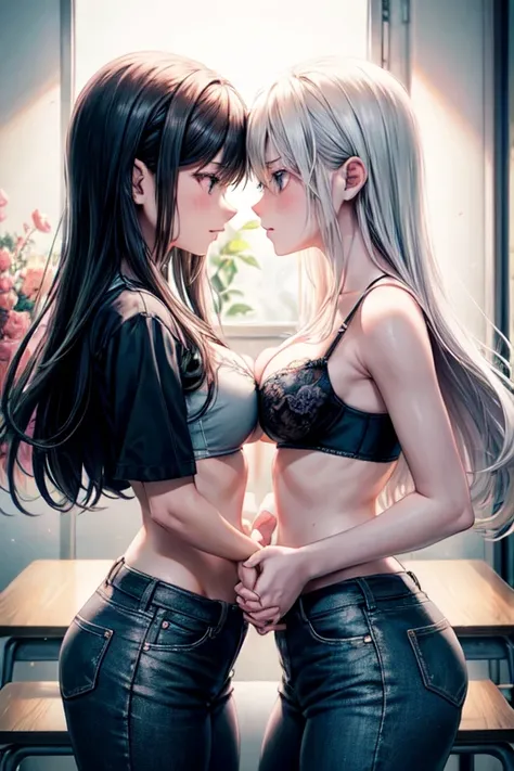 Two teenage girls，angry look，equivalent height，In the classroom，black and blonde hair，Facing each other and staring，hug each other，The two bodies are close to each other，kiss、Picture of two people、Holding hands and facing each other、Photograph of two peopl...