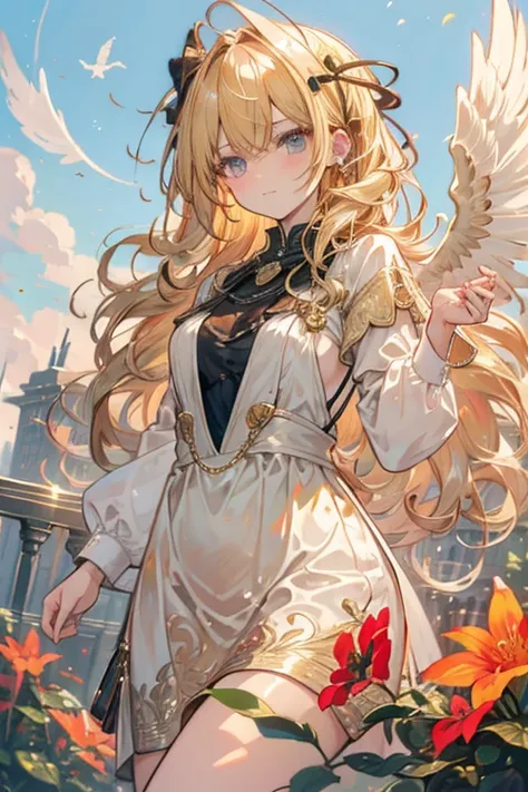 A golden haired female angel with hazel eyes and golden wings is holding a dove in a garden