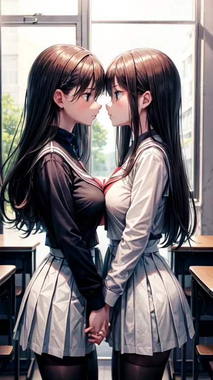 Two teenage girls，angry look，equivalent height，In the classroom，black and blonde hair，Facing each other and staring，hug each other，The two bodies are close to each other，kiss、Picture of two people、Holding hands and facing each other、Photograph of two peopl...