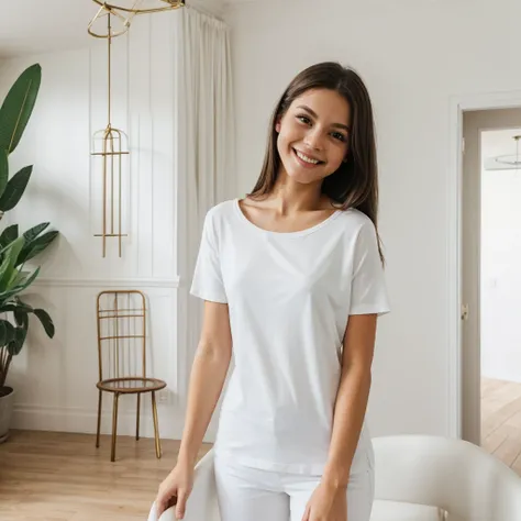 1 girl, wearing white plain t-shirt, model, inside a house, classic salon background interior, soft colors, looking like shes advertising clothing, smiling slightly