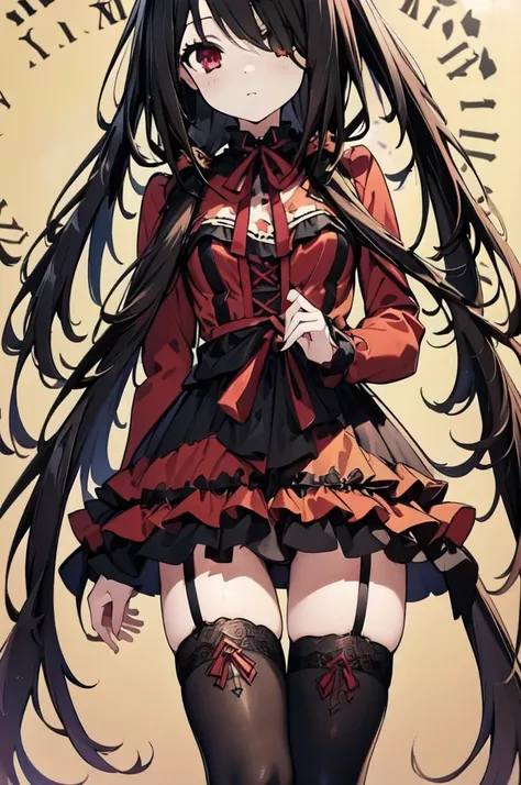 ((masterpiece, best quality, ultra detailed)), depth of field, (beautiful detailed eyes, pretty face, detailed face), 1girl( standing elegantly, different red left eye and golden right eye, long hair, twin-tails, black hair, red and black Lolita dress, lon...