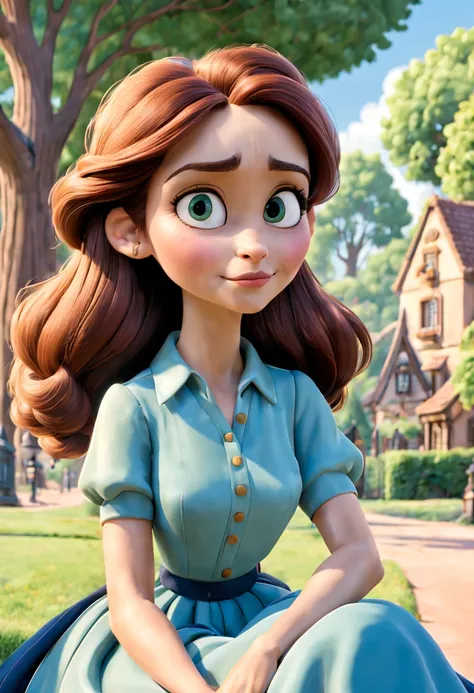 clarisa sitted in the park town, disney cartoon style, picture from a pixar movie