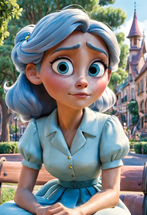 clarisa with peaceful face sitted in the park town, disney cartoon style, picture from a pixar movie