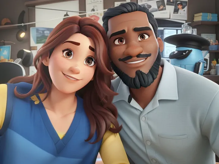 Um homem preto olhos, cabelo e barba preto grisalho  e uma mulher branca ruiva olhos azuis estilo disney pixar, alta qualidade, melhor qualidade