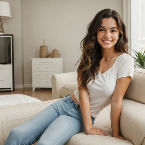 One, a young woman with wavy hair, brown eyes and freckles on her cheeks. She is wearing a white, plain T-shirt with a classic neckline and classic jeans. She stands in a relaxed position with a smile on her face. It is located in a large living room decor...