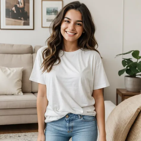 One, a young woman with wavy hair, brown eyes and freckles on her cheeks. She is wearing a white, plain, mens T-shirt and classic jeans. She stands in a relaxed position with a smile on her face. It is located in a large living room decorated in a modern a...