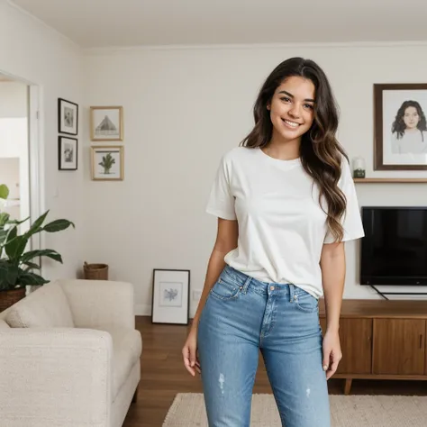 One, a young woman with wavy hair, brown eyes and freckles on her cheeks. She is wearing a white, plain, mens T-shirt and classic jeans. She stands in a relaxed position with a smile on her face. It is located in a large living room decorated in a modern a...