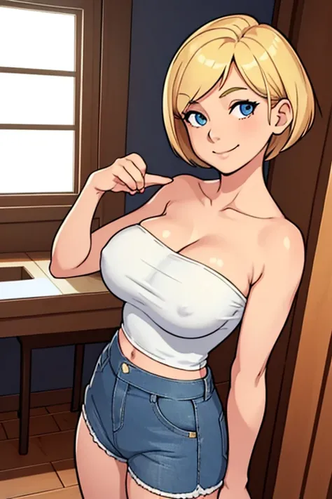 1 girl, solo, (upper body:1.2), standing, blonde short hair, looking at viewer, smile, closed mouth, large breasts, strapless white shirt, shorts, denim, indoors,