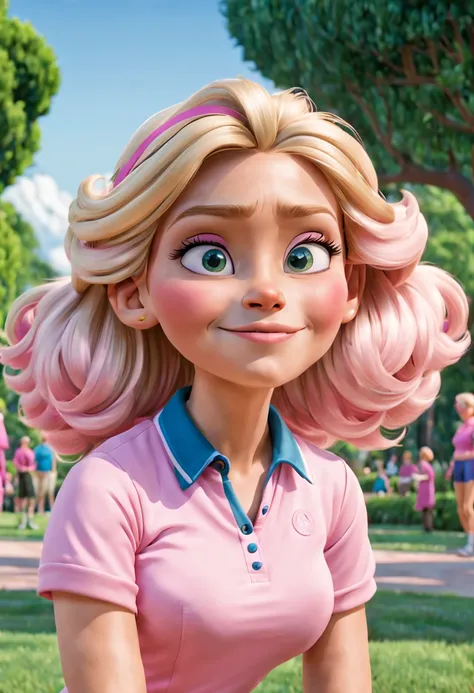 michell with peaceful face, blondi hair,dressed in pink sport, happy, sitted in the park town, disney cartoon style, picture from a dreamworks movie