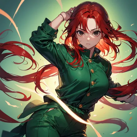 (masterpiece, best quality, ultra high res, 8k, extremely detailed), (perfect anatomy:1.5), ((JOJOS BIZARRE ADVENTURE)), (((kakyouin noriaki cosplay))),BREAK(1girl, red hair,  rong hair, black eyes:1.5),BREAK((wearing green gakuran, green pants)), (going t...