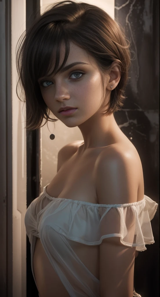 Best quality, masterpiece, ultra high res, (photorealistic:1.5), raw photo, 1girl, offshoulder, in the dark, deep shadow, low key, cold light, sexy look, short hair, black eyes,