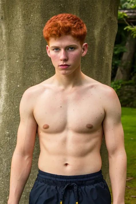 A gorgeous 20-year-old red-haired 20-year-old machine-shaved hair, short hair style European military cut, face skin with freckles, wearing a white cropped Nike blouse and a black sports shorts, muscular and with red hair all over the body, no mustache and...