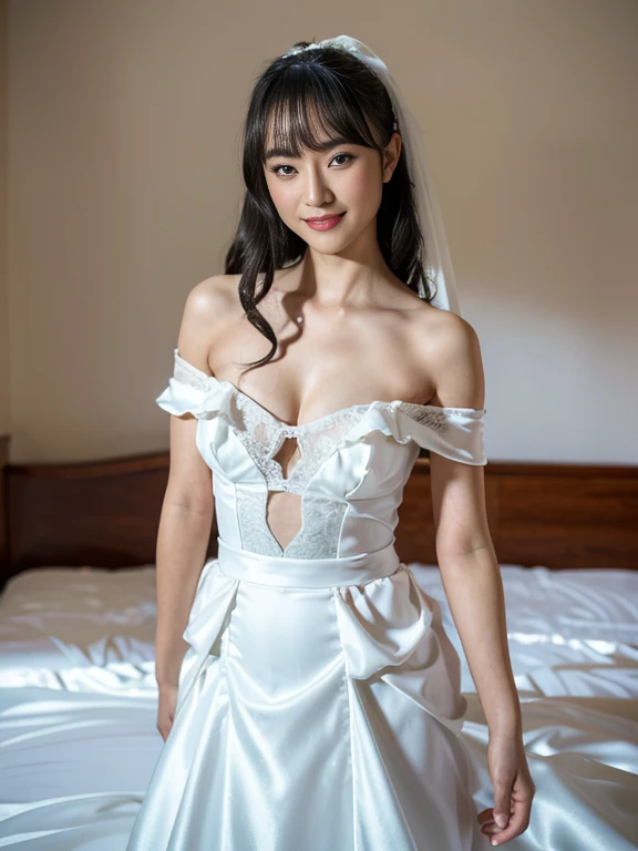 (masterpiece: 1.4), (hyper realistic: 1.4), (best quality, 16k, 32k, masterpiece, UHD: 1.2), dainty Japan herself female photo, one young girl, double eyelidig: 1.2), sexy bride, (pure sheer white wedding dress, wedding veil)), (deep slit: 1.2), (smile: 1....