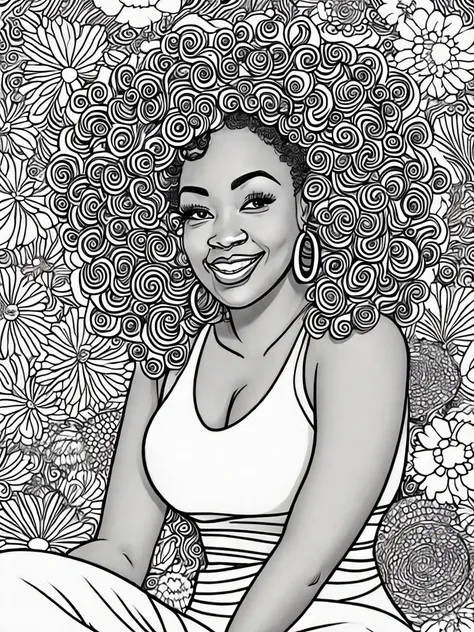 a simple black and white line drawing of a happy, curvy african woman, sitting amidst a variations of flowers, big curly hair, large hoop earrings, sleeveless top. Adult coloring book page