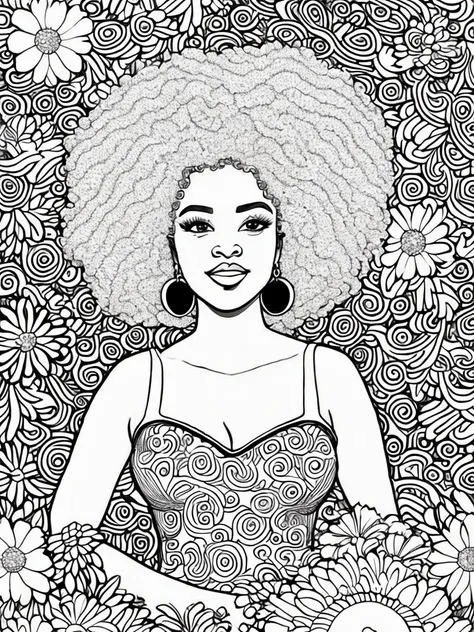 a simple black and white line drawing of a happy, curvy african woman, sitting amidst a variations of flowers, big curly hair, large hoop earrings, sleeveless top. Adult coloring book page