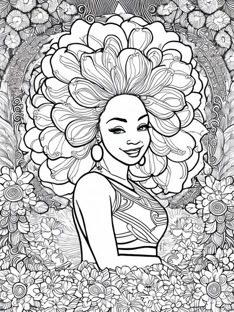 a simple black and white line drawing of a happy, curvy african woman, sitting amidst a variations of flowers, big curly hair, large hoop earrings, sleeveless top. Adult coloring book page