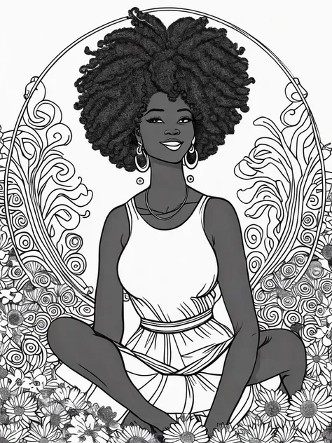 a simple black and white line drawing of a happy, curvy african woman, sitting amidst a variations of flowers, big curly hair, large hoop earrings, sleeveless top. Adult coloring book page