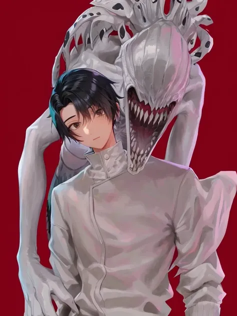 A boy with black hair and black eyes with a monster behind him and white clothes