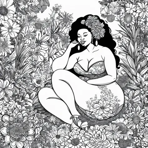 um desenho em preto e branco de uma pessoa feliz, Curvaceous African woman, sitting amidst variations of flowers, cabelo grande e cacheado, brincos de argola grandes, top sem mangas.  book coloring page