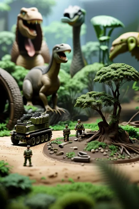 toy diorama, 3 soldiers, against 3 dinosaurs, jungle setting