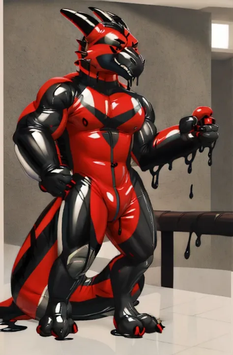 Ultra high resolution, extremely detailed raw photograph, close-up,  (half transformation), human shiny smooth red black polyvinyl dragon inflatable suit hybridization metamorphosis, in gymnasium pool at night, (half human), ((((((red black)))))), ((liquid...