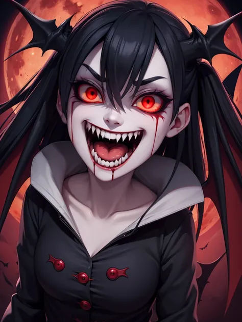 Red eyes, vampir teeth fangs, booldy face, blood out of mouth, smirk,bat wings, scary smile, psychopathic smirk, psychopathic smile, scary, mouth opem, angry eyes, vampire, dark sky background, red + blue + green, glowing red moon