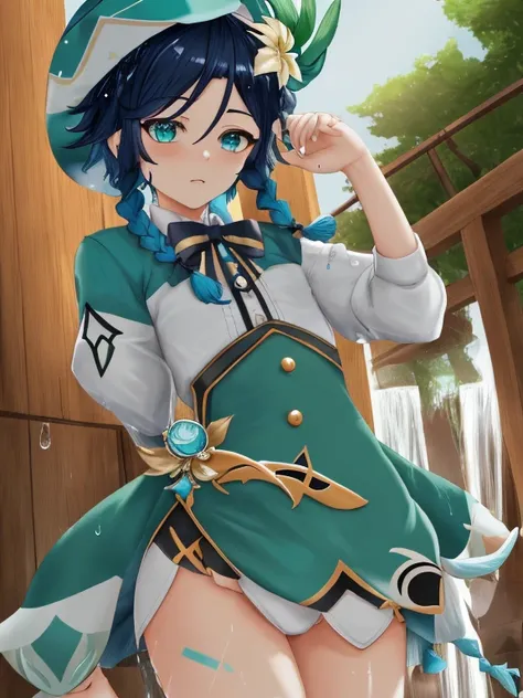 Venti, genshin impact, cute, blue braids, green hat, small penis, wet,