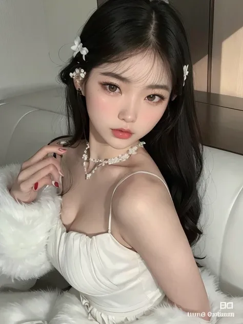 Asian woman wearing a white dress sitting on a sofa, ulzzang, jennie rosa negro, Jinyoung Shin, pale milky white porcelain skin, hermosa joven coreana, hermosa joven coreana, muchacha coreana, hermosa mujer surcoreana, Lalisa Manobal, shikami, chica joven ...