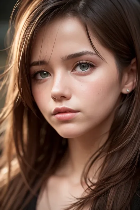 Close-up photo of a beautiful Irish girl, adorable face, red long layered hair, no makeup, realistic skin texture, low saturation, dark tone, inspired by Alessio Albi, f1.4, 85mm lens, hyper realistic ,lifelike texture, dramatic lighting, professional shot...