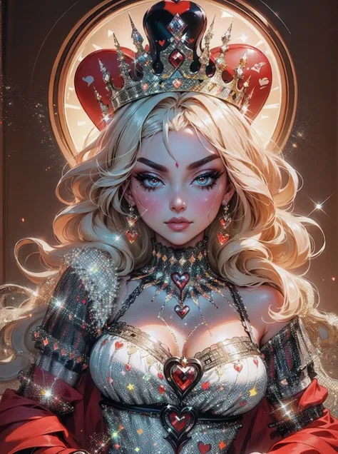 Em um luxuoso cassino, A stunning woman wears an exquisite dress adorned with heart symbols, embodying the royal presence of the Queen of Hearts. Surrounded by a backdrop of poker cards and chips, She exudes confidence and seduction, convidando os jogadore...