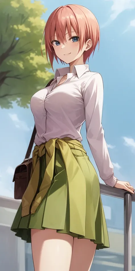 2d, masterpiece, best quality, anime, highly detailed, 1girl, solo, cowboy shot, nakano ichika, pink hair, short hair, cardigan around waist, collared shirt, green skirt, miniskirt, medium breasts, standing, school, outdoors, smile