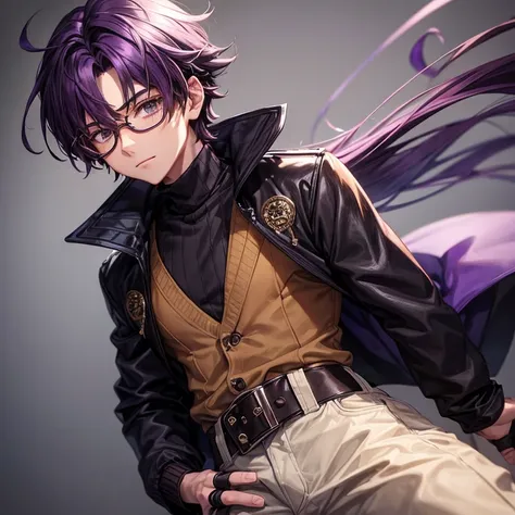 A boy with Baggy pants, brown long hair with purple tips, black turtleneck, brown eyes, purple glasses, black fingerless gloves, and a dark purple jacket around the waist.