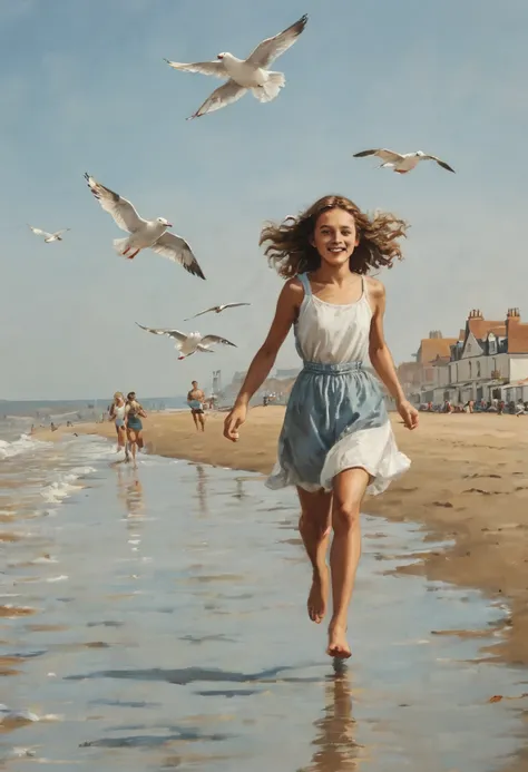 Girl,Runs on the beach , Am Meer , Seagulls fly in the sky, England , Background You Can See Beach Chairs  