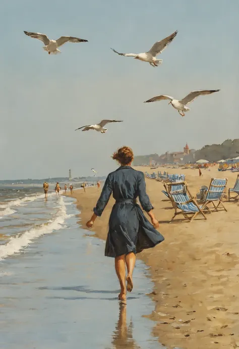 Frau,Runs on the beach , Am Meer , Seagulls fly in the distant sky , Ostsee , Background You Can See Beach Chairs, Deutschland,