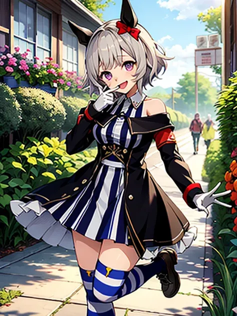 ((highest quality、masterpiece:1.3))、{{masterpiece}}、enlightenment、highest quality、
Karen-chan (umamusume), laughter, garden,Racing Wear、
Vertical striped dress rack and white dress shoulder、off shoulder、long sleeve、Dresses with collar、gloves、knee socks、dyn...