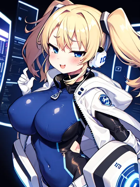 very detailed、masterpiece、high quality、one high school girl、18-year-old、(White spacesuit)、front zipper、(blue hair):1.5、(Futuristic, Tight Fit Bodysuit)、headphone、Cyberpunk space station interior background、(blonde),ロングtwin tails, blue eyes, change,twin tai...