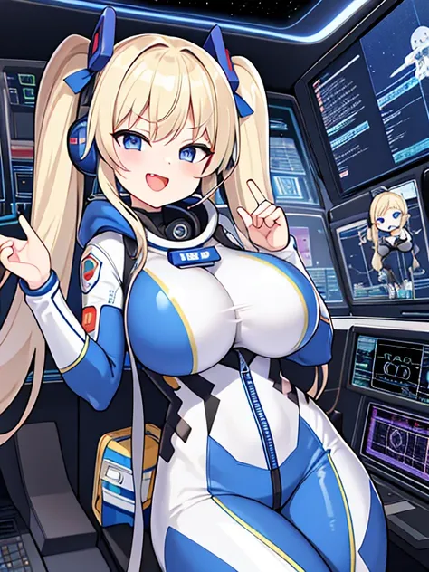 very detailed、masterpiece、high quality、one high school girl、18-year-old、(White spacesuit)、front zipper、(Futuristic, Tight Fit Bodysuit)、headphone、Cyberpunk space station interior background、(blonde),ロングtwin tails, (blue eyes):1.1, change,twin tails,sassy c...