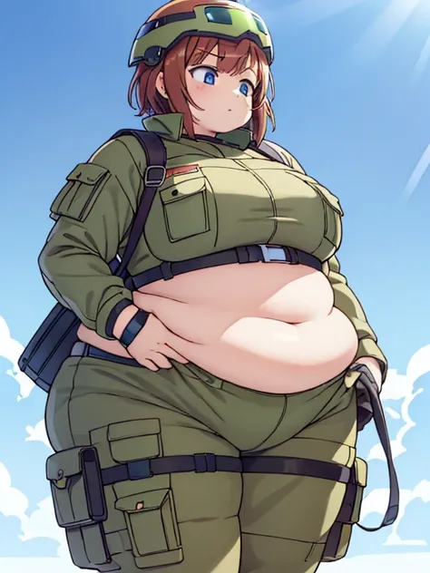 Massively Obese desert soldier girl, fat rolls, desert camo, short hair, auburn hair, thick thighs, (bodysuit):1.3, pudgy, navel, (soldier helmet):1.2 extremely chubby,  BREAK desert landscape