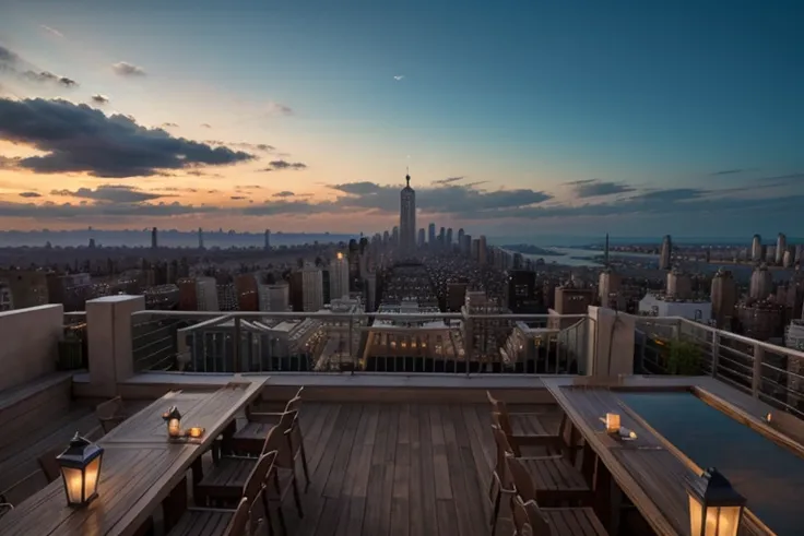 stunnin realistic panoramic view of  manhattan  at night since a rooftop terrace  bar  professional photo masterpieec best quality 