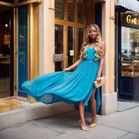 brown skin girl with long blonde hair and blue chiffon  dress  and gold heels outside a restaurant 