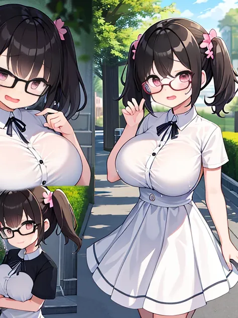 very detailed、masterpiece、high quality、one high school girl、10 years old、Loli、White dress,black short hair, (pink eyes),(glasses), change,twin tails,sassy change，cheey change,girl,天才girl、(big breast):1.1,(blush):1.1、crying face,tears,Daytime park backgroun...