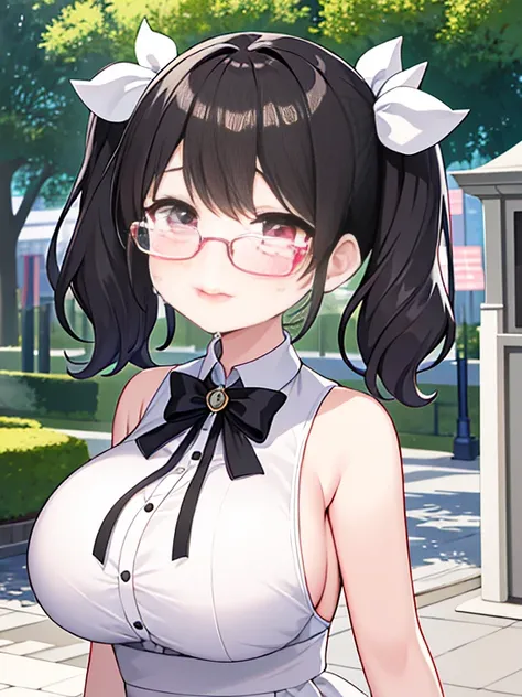 very detailed、masterpiece、high quality、one high school girl、10 years old、Loli、White dress,black short hair, (pink eyes),(glasses), change,twin tails,sassy change，cheey change,girl,天才girl、(big breast):1.1,(blush):1.1、crying face,tears,Daytime park backgroun...