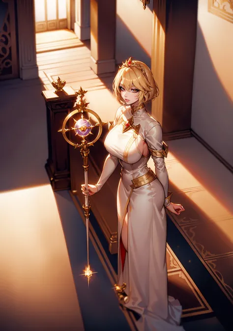 blonde mage, short blonde hair, white and gold dress, golden tiara with red gem, holding a staff of light, light magic, background of highly lit hall with sun coming in from above like a divine light.