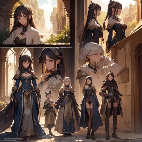 ((masterpiece, highest quality)), detailed face, character design sheet， full body esbian, Full of details, Multiple poses and expressions, very detailed, depth, There are many women in the arts，fantasy style，very beautiful，High Balance, Natural light, rac...